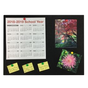 black bulletin board with calendar, picture, and yellow written notes