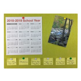lime green bulletin board with calendar, picture and written notes