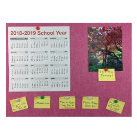 pink bulletin board with calendar, picture, and written notes