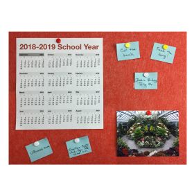 red bulletin board with calendar, picture and written notes
