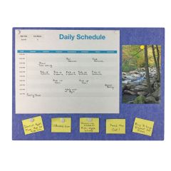 blue bulletin board calendar, picture, and written notes