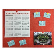 red bulletin board with calendar, written notes, picture