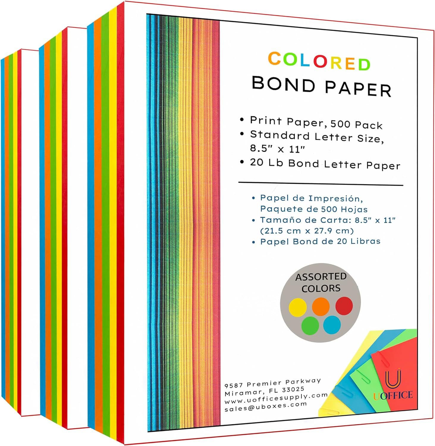 Colored Bond Paper Bundle 8.5 x 11, 20lbs, 1500 Pages, Multicolor
