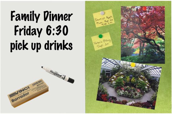 Lemon Green Medium Boards with garden photos and handwritten reminders with push pins, events listed with marker and eraser on dry erase side